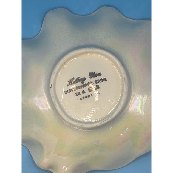 Pair Of 22K Gold Ceramic Iridescent White Signed Leaf & Hands Trinket Dish VTG - Picture 7 of 9